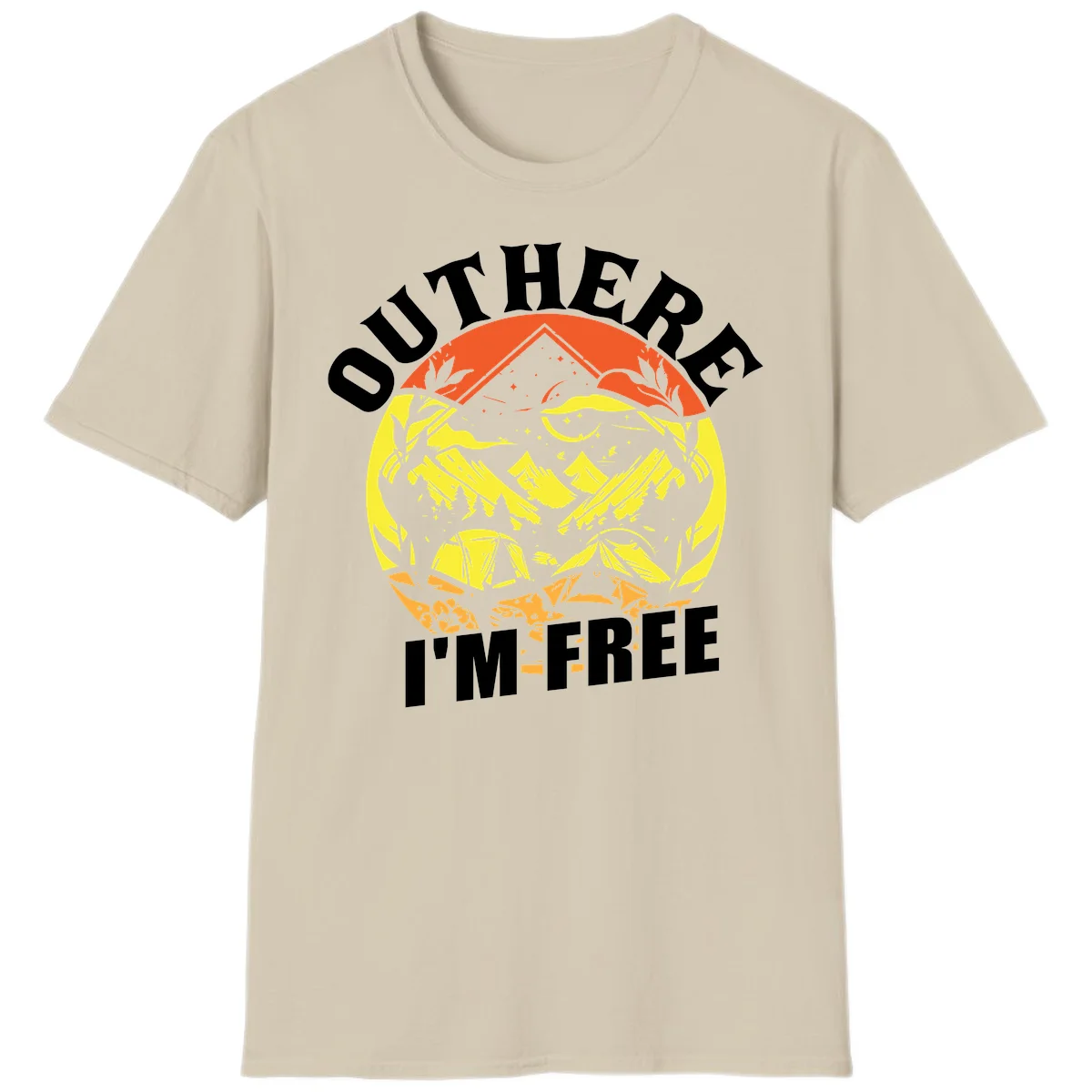 Outer I'm Free camping design with mountain peak, tent, campfire, trees and stars in vintage style illustration in Sand