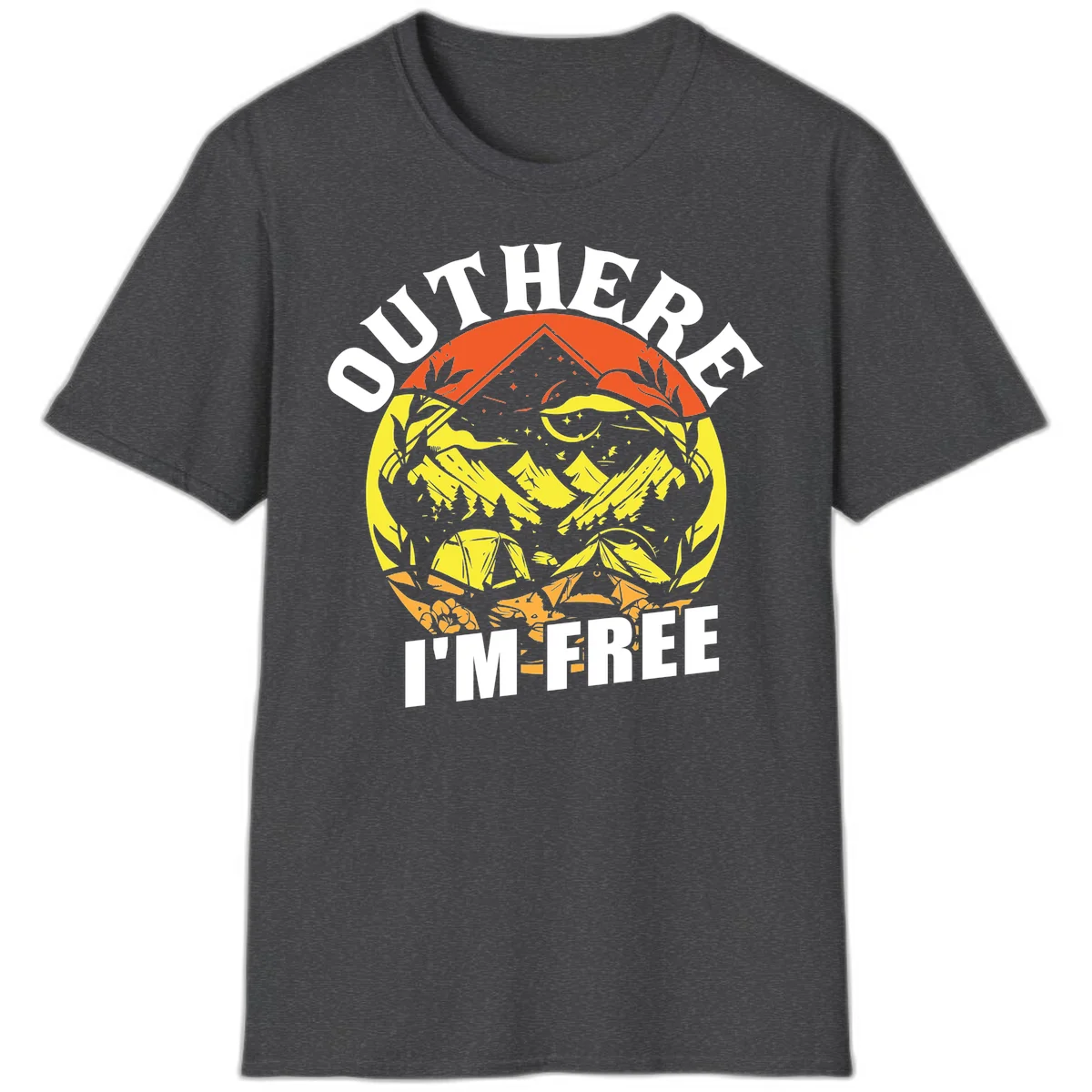 Outer I'm Free camping design with mountain peak, tent, campfire, trees and stars in vintage style illustration in Dark Heather