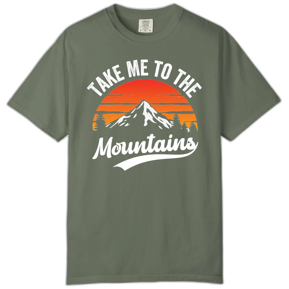 Vintage-style illustration of snow-capped mountain with sunset stripes and evergreen trees, text reading 'Take Me To The Mountains' in Moss