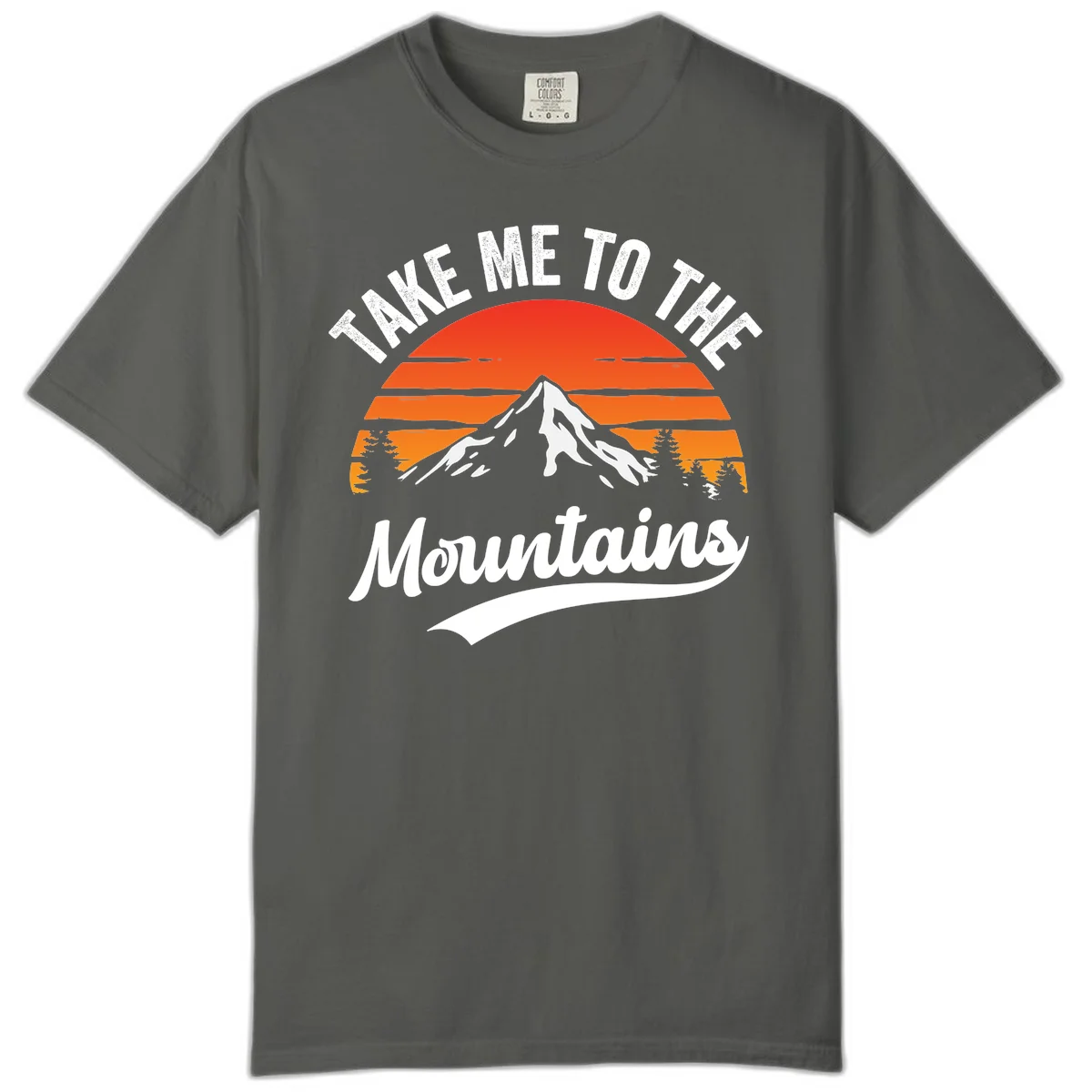 Vintage-style illustration of snow-capped mountain with sunset stripes and evergreen trees, text reading 'Take Me To The Mountains' in Pepper