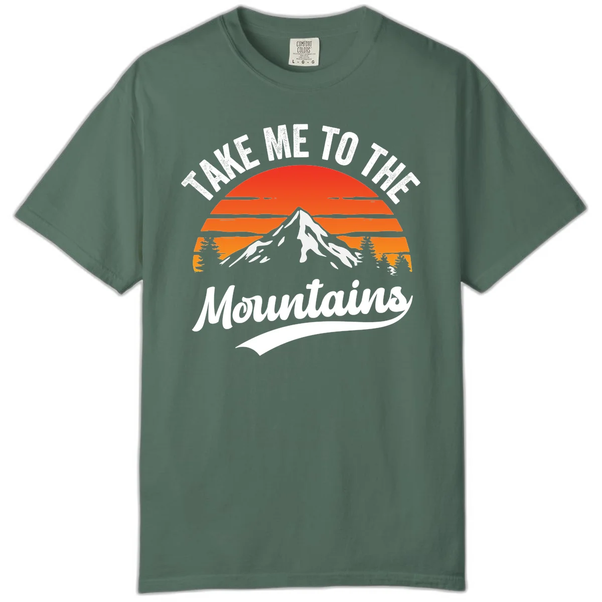 Vintage-style illustration of snow-capped mountain with sunset stripes and evergreen trees, text reading 'Take Me To The Mountains' in Blue Spruce