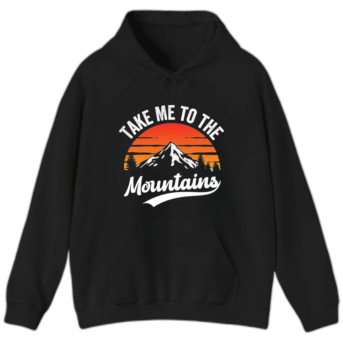 Vintage-style illustration of snow-capped mountain with sunset stripes and evergreen trees, text reading 'Take Me To The Mountains' in Black