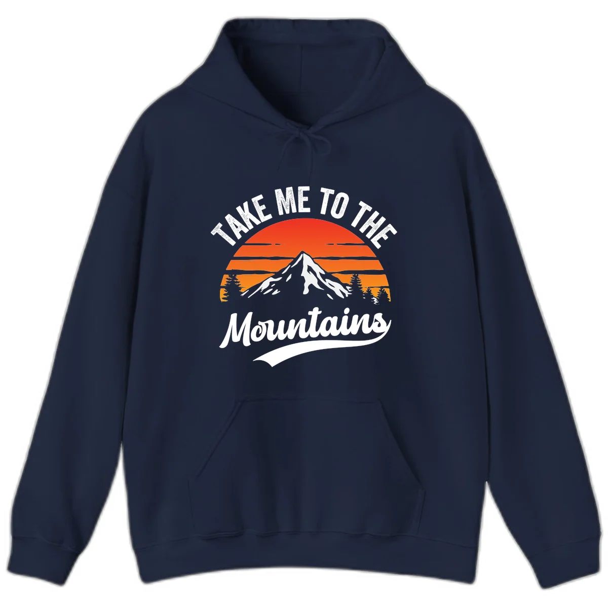 Vintage-style illustration of snow-capped mountain with sunset stripes and evergreen trees, text reading 'Take Me To The Mountains' in Navy