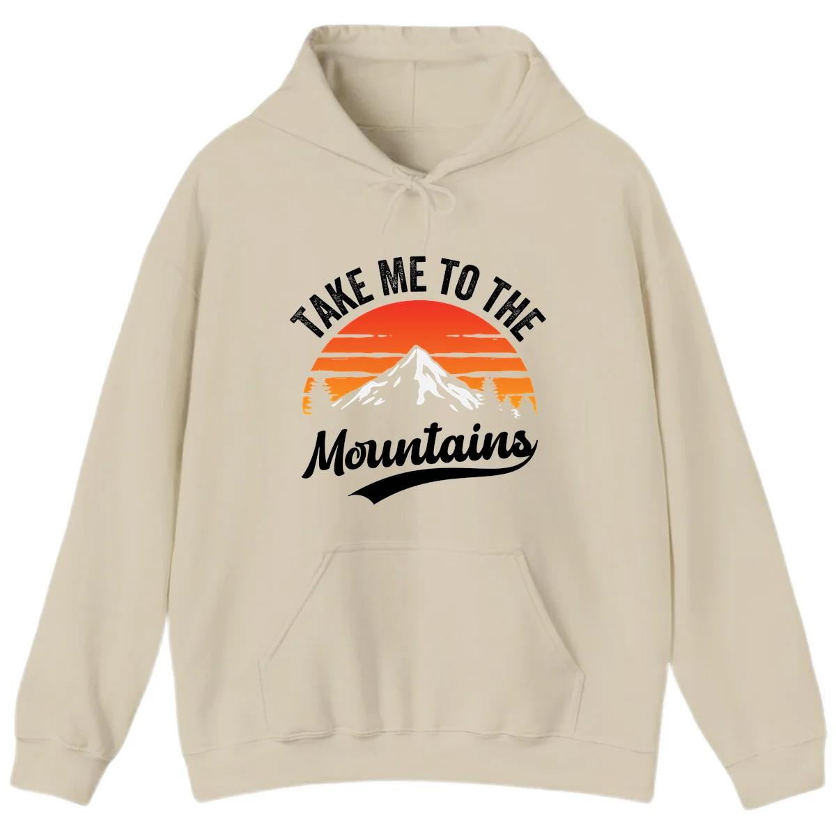 Vintage-style illustration of snow-capped mountain with sunset stripes and evergreen trees, text reading 'Take Me To The Mountains' in Sand