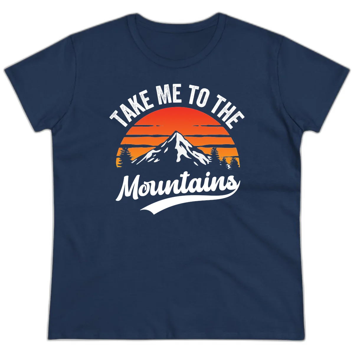 Vintage-style illustration of snow-capped mountain with sunset stripes and evergreen trees, text reading 'Take Me To The Mountains' in Navy