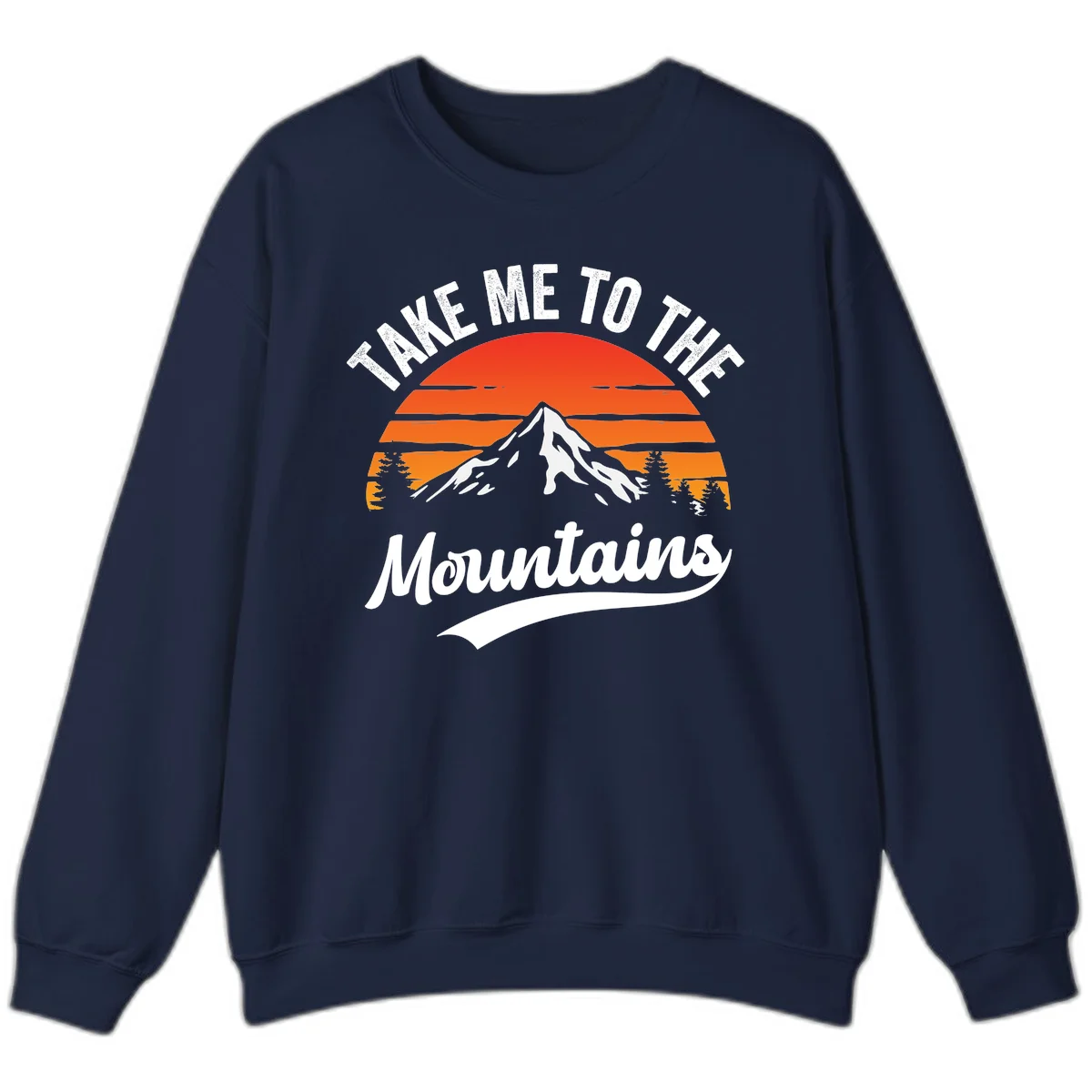 Vintage-style illustration of snow-capped mountain with sunset stripes and evergreen trees, text reading 'Take Me To The Mountains' in Navy