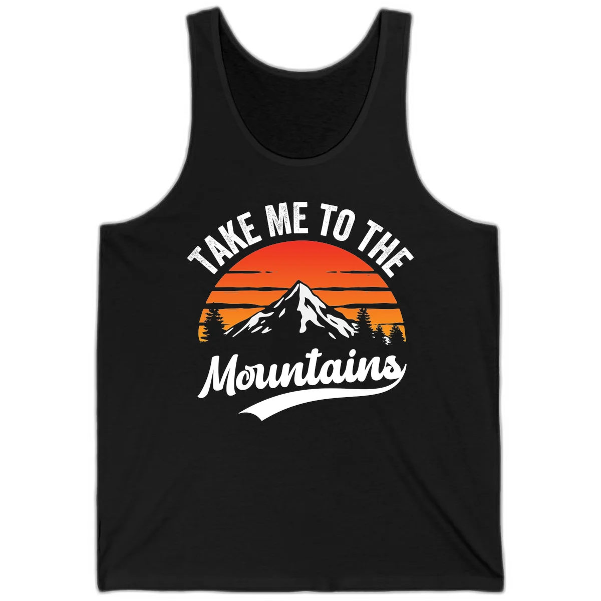 Vintage-style illustration of snow-capped mountain with sunset stripes and evergreen trees, text reading 'Take Me To The Mountains' in Black