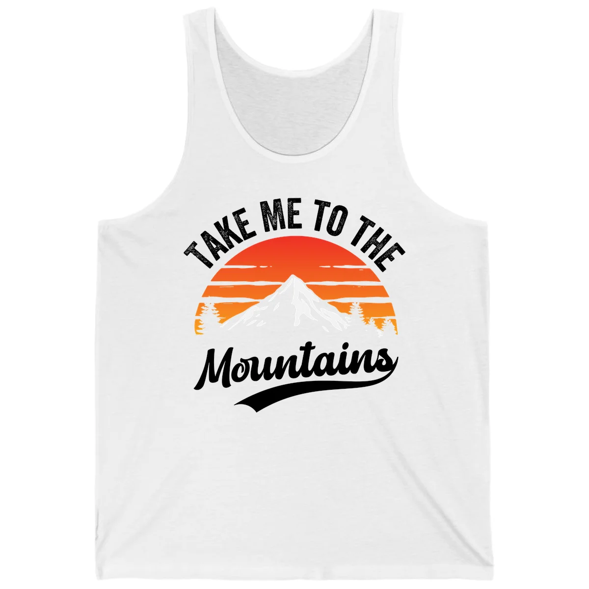 Vintage-style illustration of snow-capped mountain with sunset stripes and evergreen trees, text reading 'Take Me To The Mountains' in White