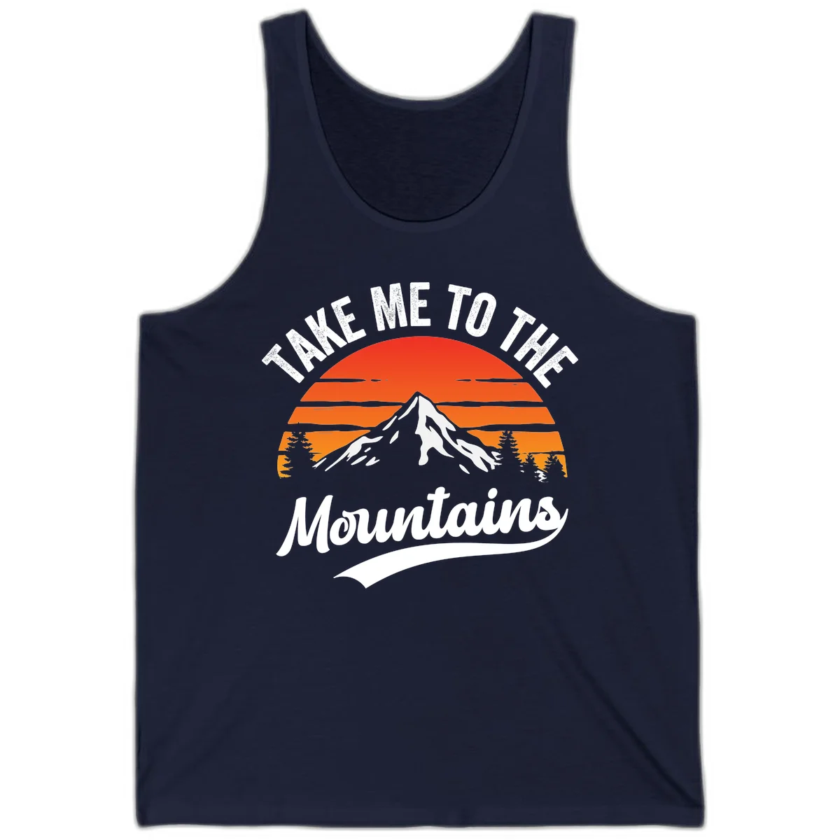 Vintage-style illustration of snow-capped mountain with sunset stripes and evergreen trees, text reading 'Take Me To The Mountains' in Navy