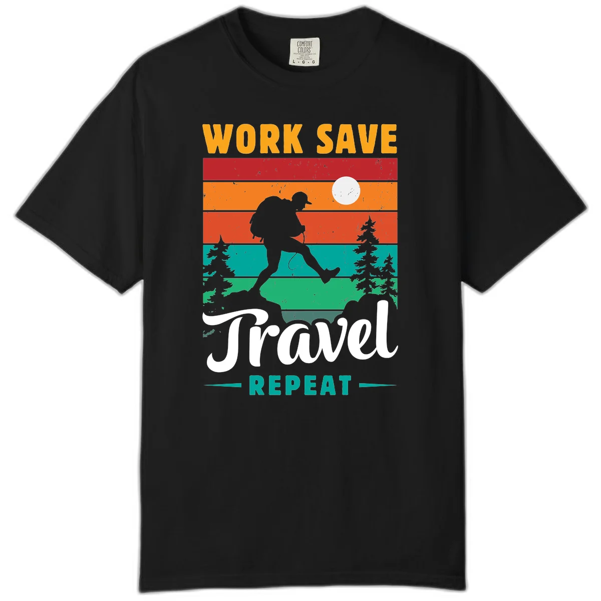 Silhouette of a backpacker hiking through layered landscape with trees and moon, text reads 'Work Save Travel Repeat' in Black