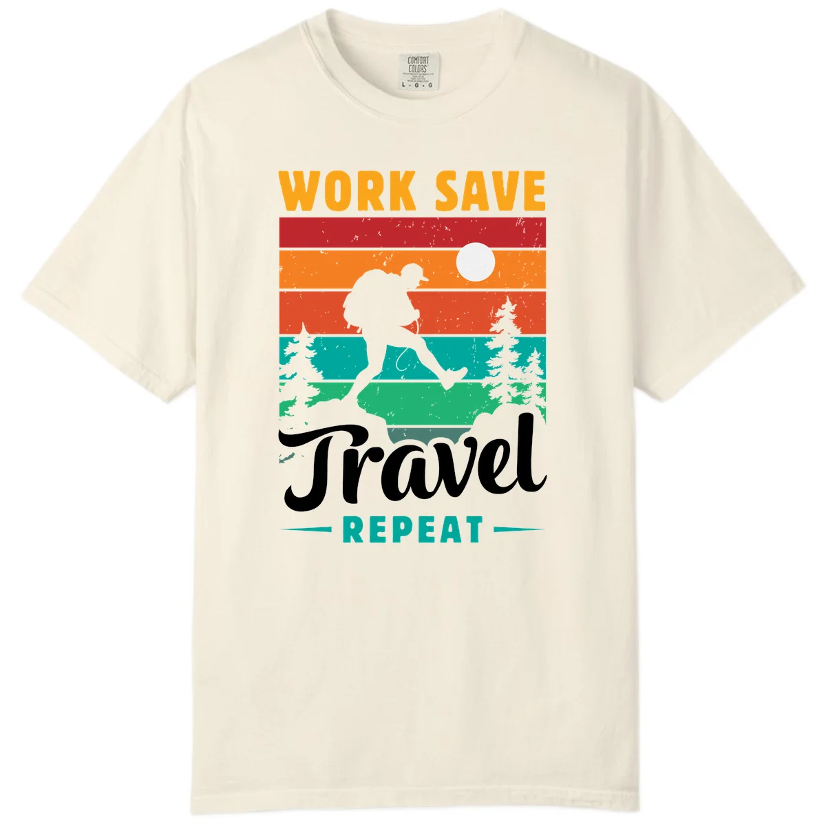 Silhouette of a backpacker hiking through layered landscape with trees and moon, text reads 'Work Save Travel Repeat' in Ivory