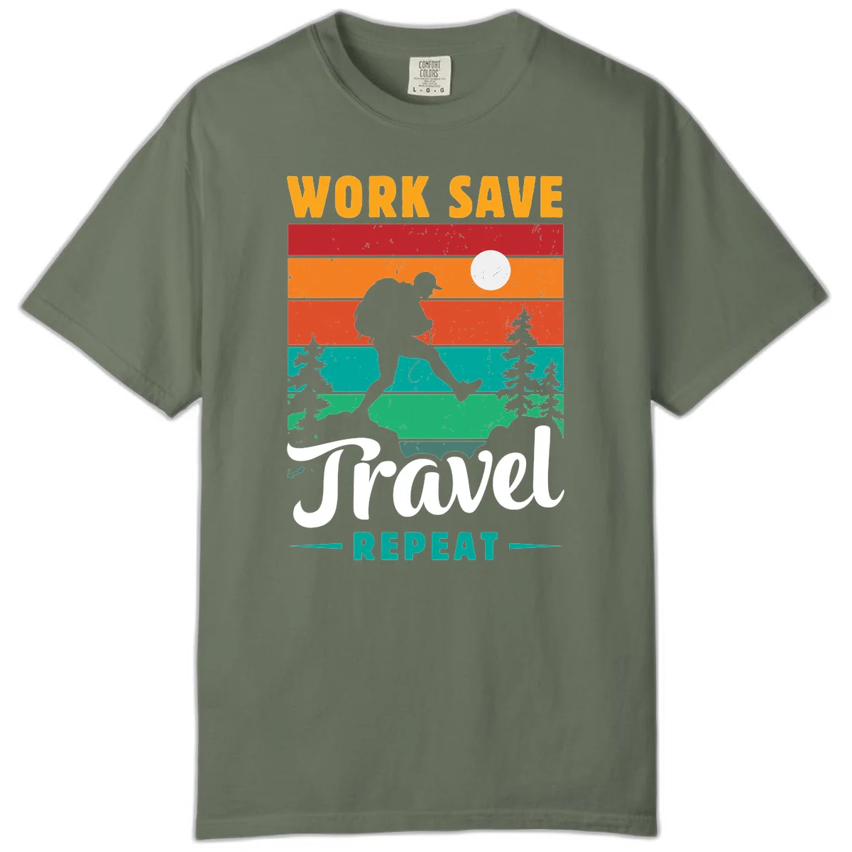 Silhouette of a backpacker hiking through layered landscape with trees and moon, text reads 'Work Save Travel Repeat' in Moss