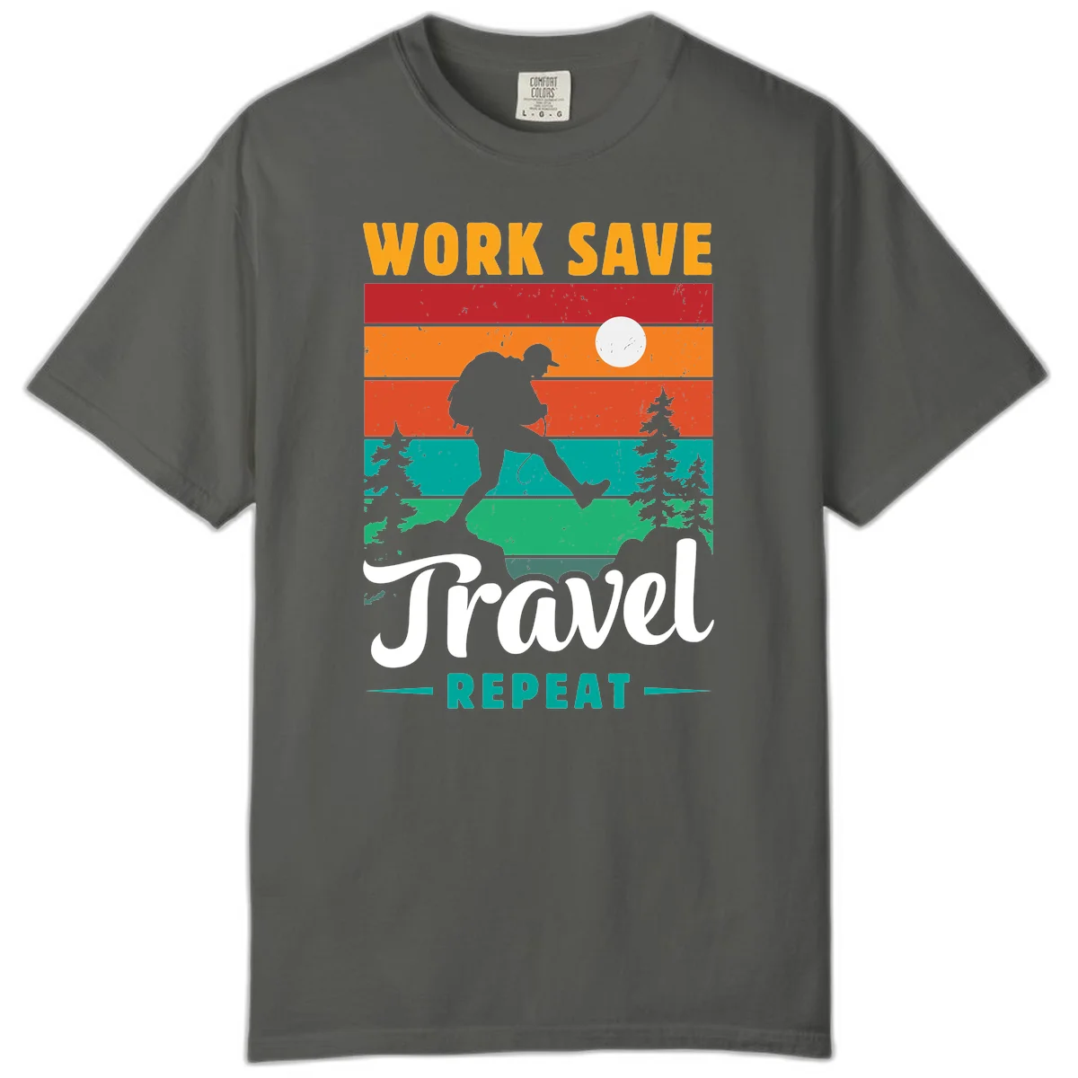 Silhouette of a backpacker hiking through layered landscape with trees and moon, text reads 'Work Save Travel Repeat' in Pepper