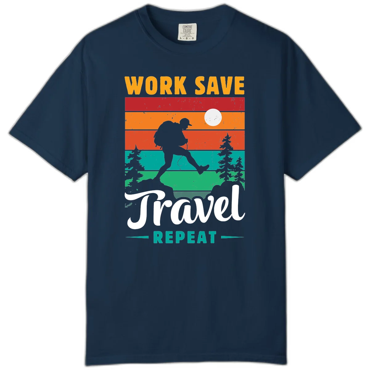 Silhouette of a backpacker hiking through layered landscape with trees and moon, text reads 'Work Save Travel Repeat' in True Navy
