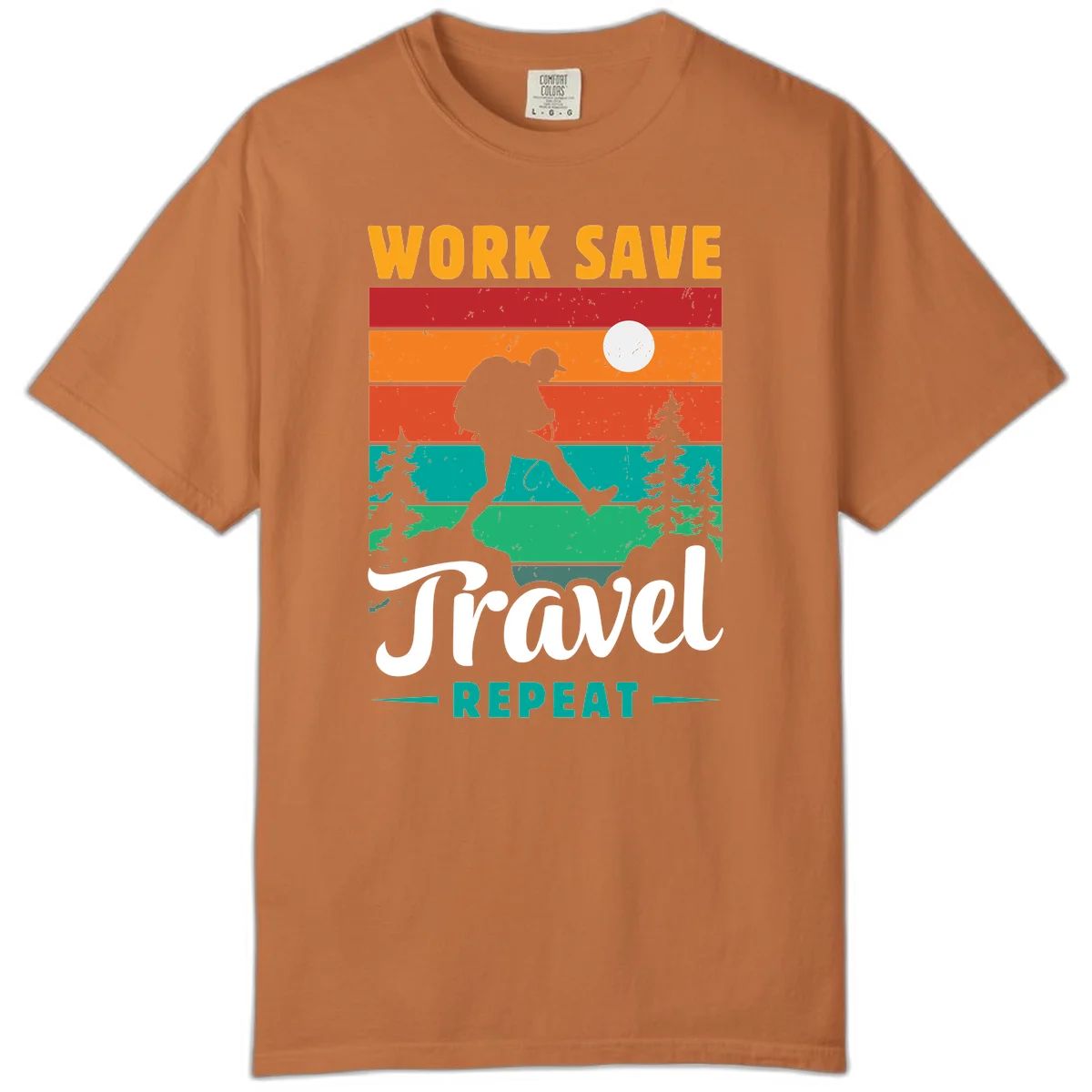 Silhouette of a backpacker hiking through layered landscape with trees and moon, text reads 'Work Save Travel Repeat' in Yam