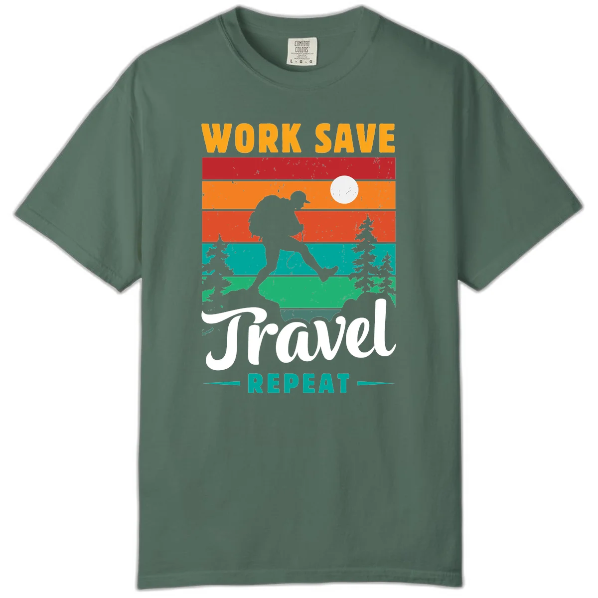 Silhouette of a backpacker hiking through layered landscape with trees and moon, text reads 'Work Save Travel Repeat' in Blue Spruce