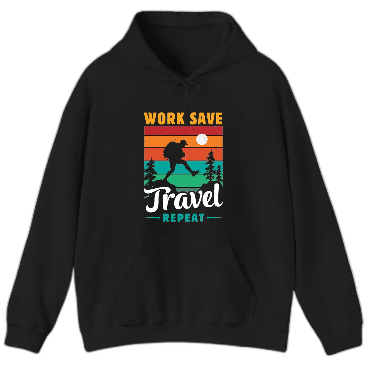 Silhouette of a backpacker hiking through layered landscape with trees and moon, text reads 'Work Save Travel Repeat' in Black