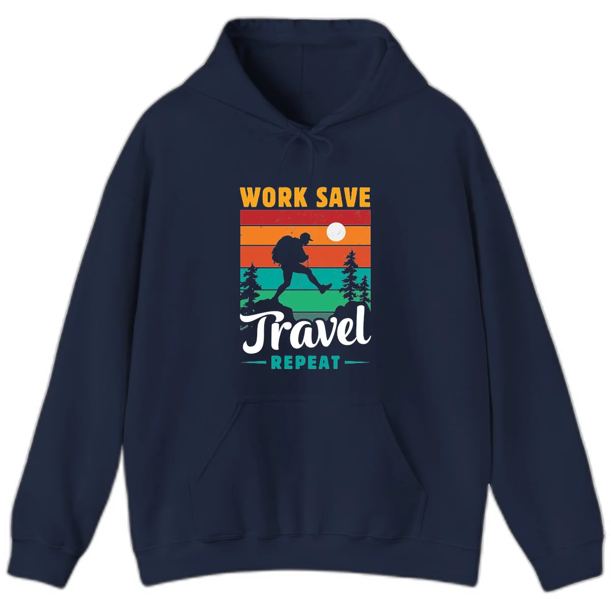 Silhouette of a backpacker hiking through layered landscape with trees and moon, text reads 'Work Save Travel Repeat' in Navy