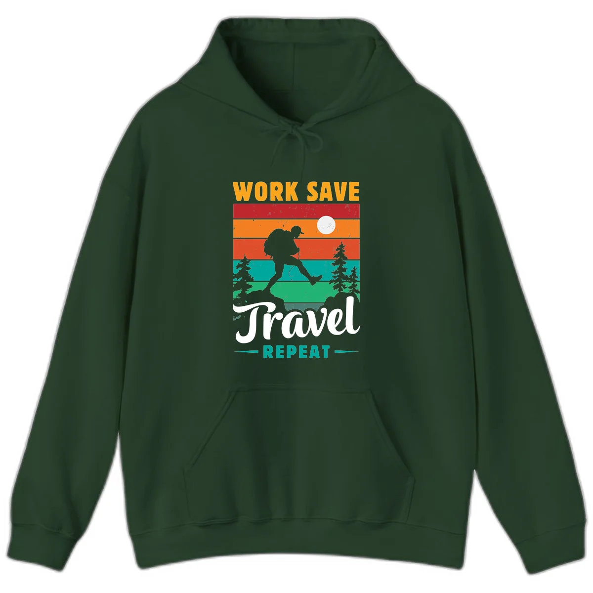 Silhouette of a backpacker hiking through layered landscape with trees and moon, text reads 'Work Save Travel Repeat' in Forest Green