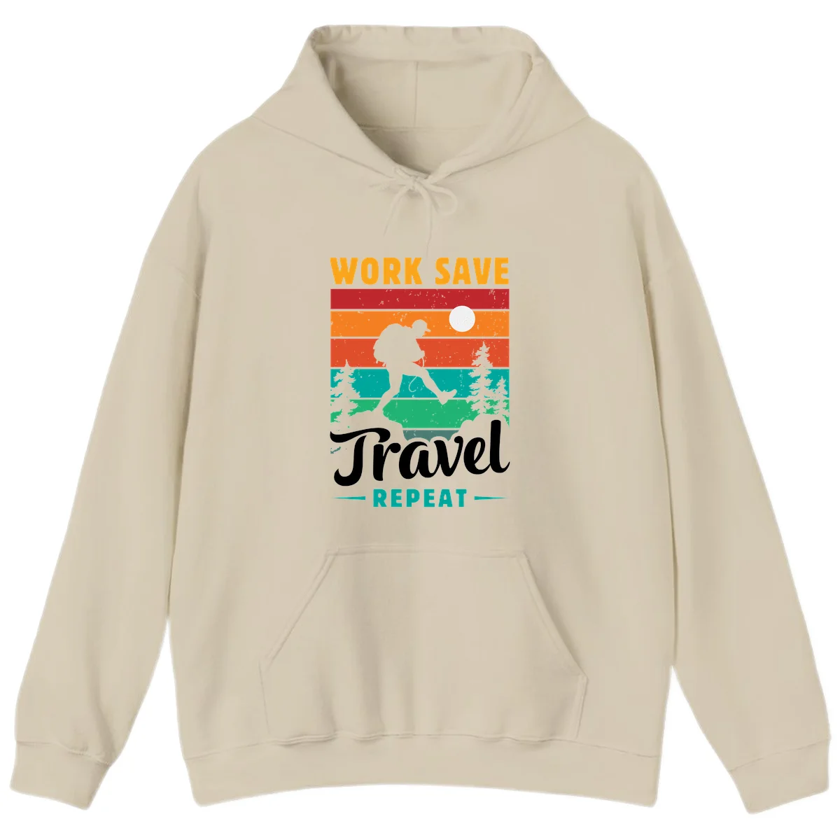 Silhouette of a backpacker hiking through layered landscape with trees and moon, text reads 'Work Save Travel Repeat' in Sand