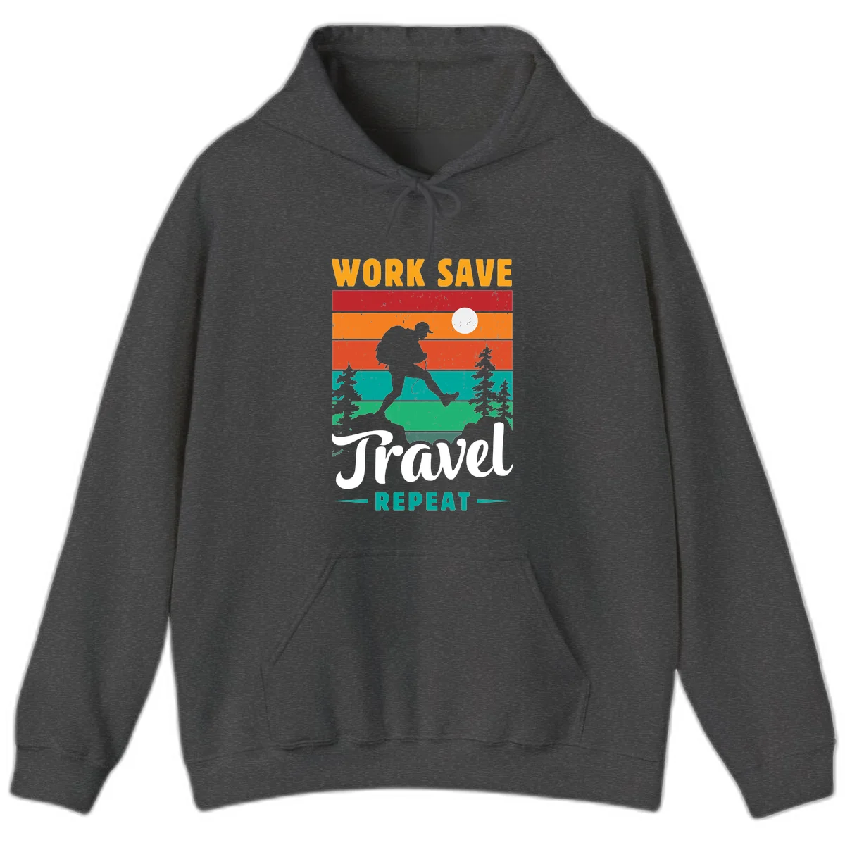 Silhouette of a backpacker hiking through layered landscape with trees and moon, text reads 'Work Save Travel Repeat' in Dark Heather
