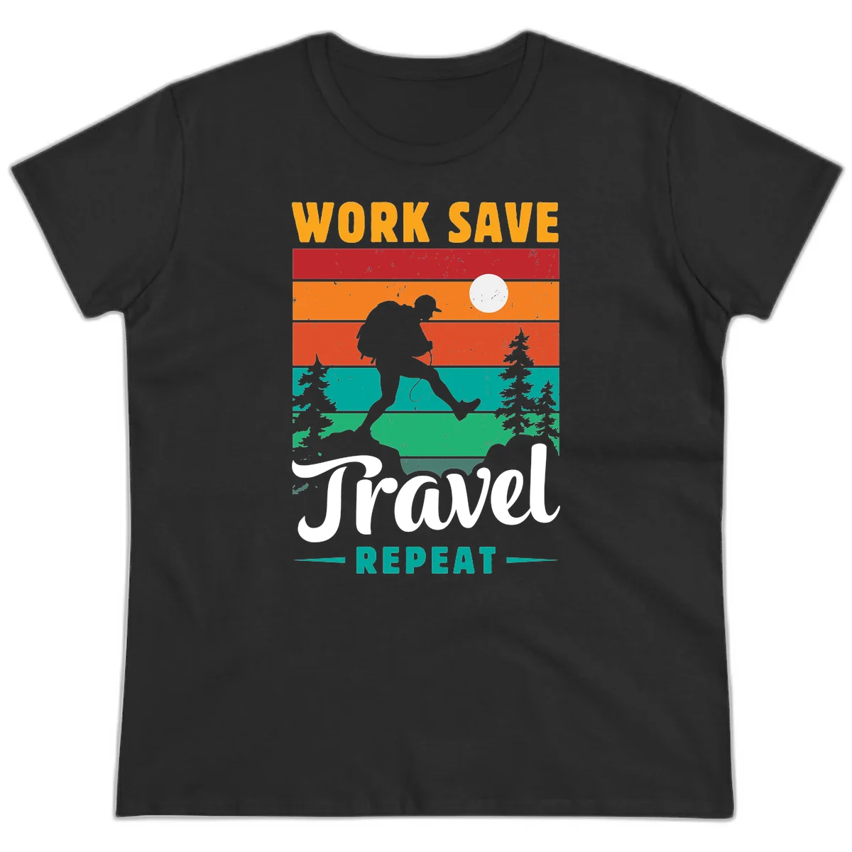 Silhouette of a backpacker hiking through layered landscape with trees and moon, text reads 'Work Save Travel Repeat' in Black