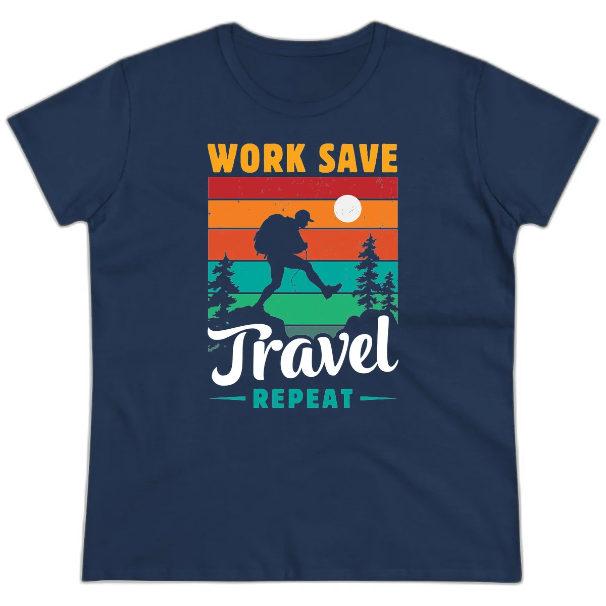 Silhouette of a backpacker hiking through layered landscape with trees and moon, text reads 'Work Save Travel Repeat' in Navy