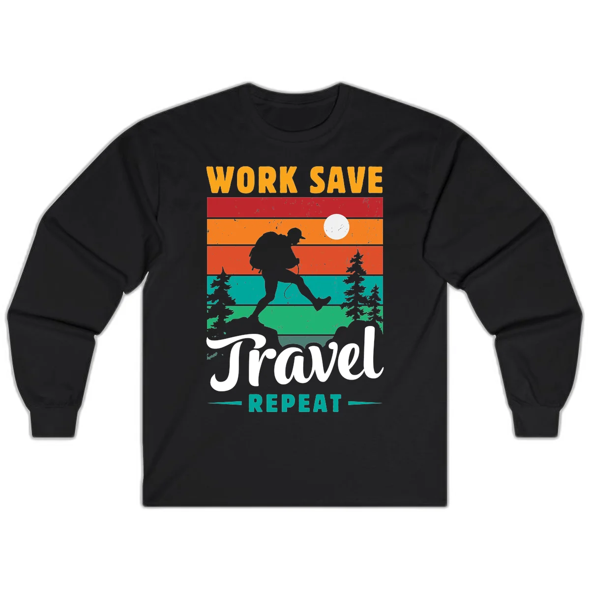 Silhouette of a backpacker hiking through layered landscape with trees and moon, text reads 'Work Save Travel Repeat' in Black
