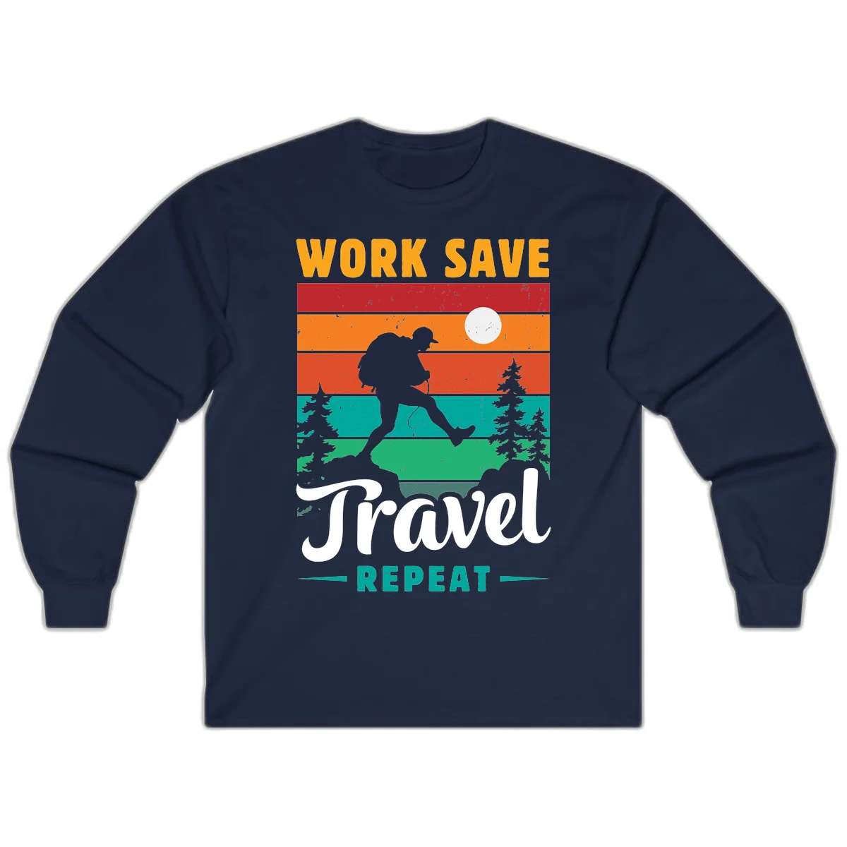 Silhouette of a backpacker hiking through layered landscape with trees and moon, text reads 'Work Save Travel Repeat' in Navy