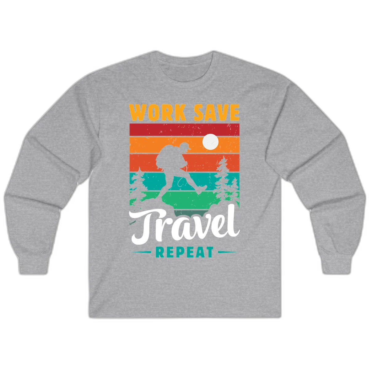 Silhouette of a backpacker hiking through layered landscape with trees and moon, text reads 'Work Save Travel Repeat' in Sport Grey