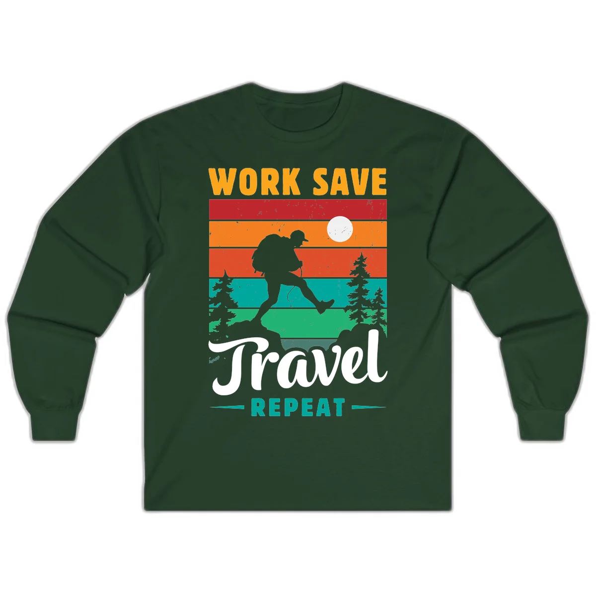 Silhouette of a backpacker hiking through layered landscape with trees and moon, text reads 'Work Save Travel Repeat' in Forest Green