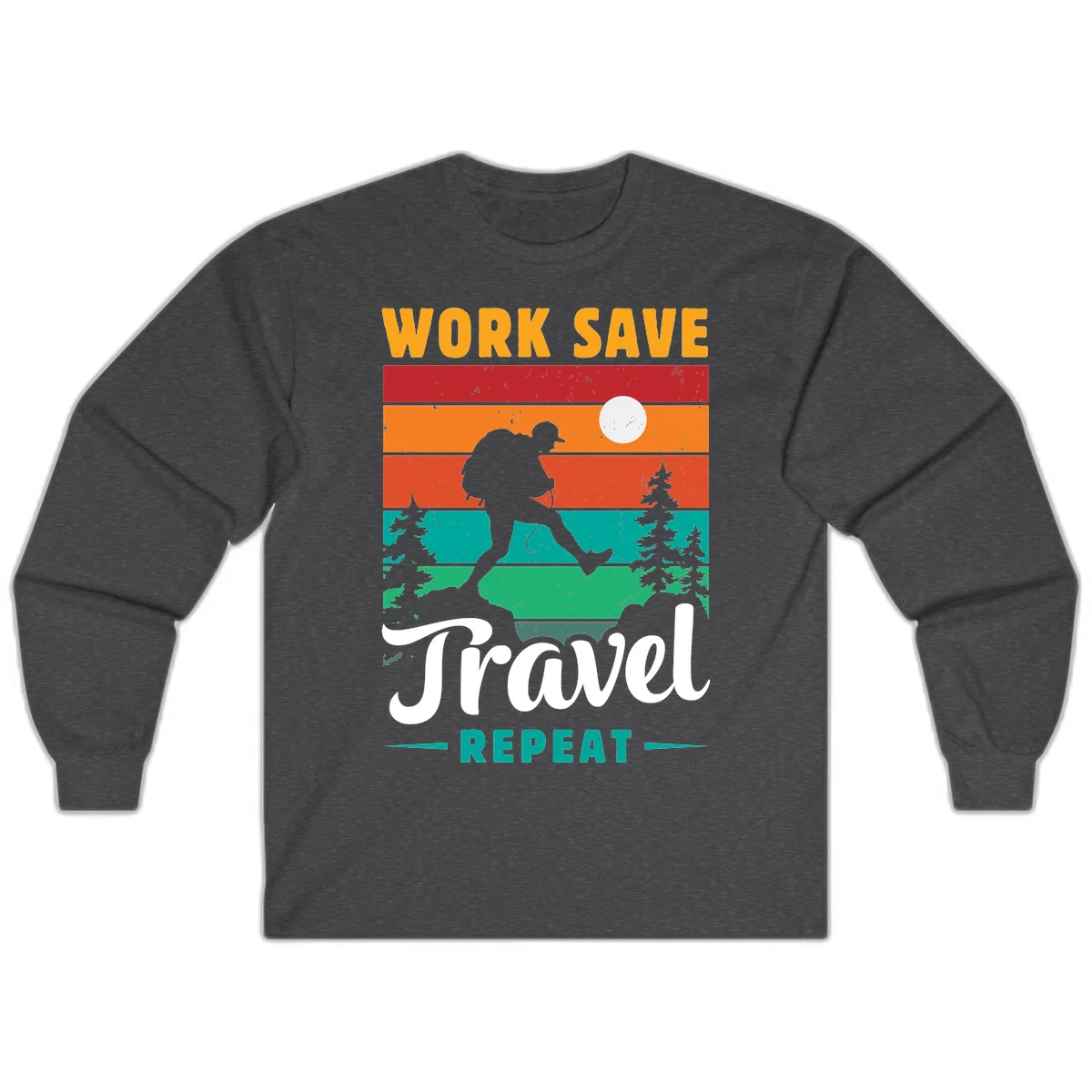 Silhouette of a backpacker hiking through layered landscape with trees and moon, text reads 'Work Save Travel Repeat' in Dark Heather