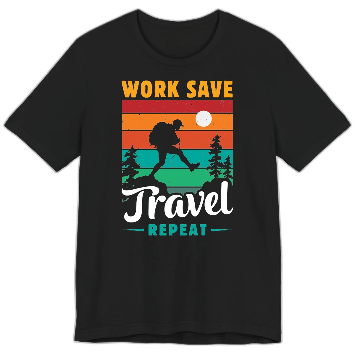 Silhouette of a backpacker hiking through layered landscape with trees and moon, text reads 'Work Save Travel Repeat' in Black