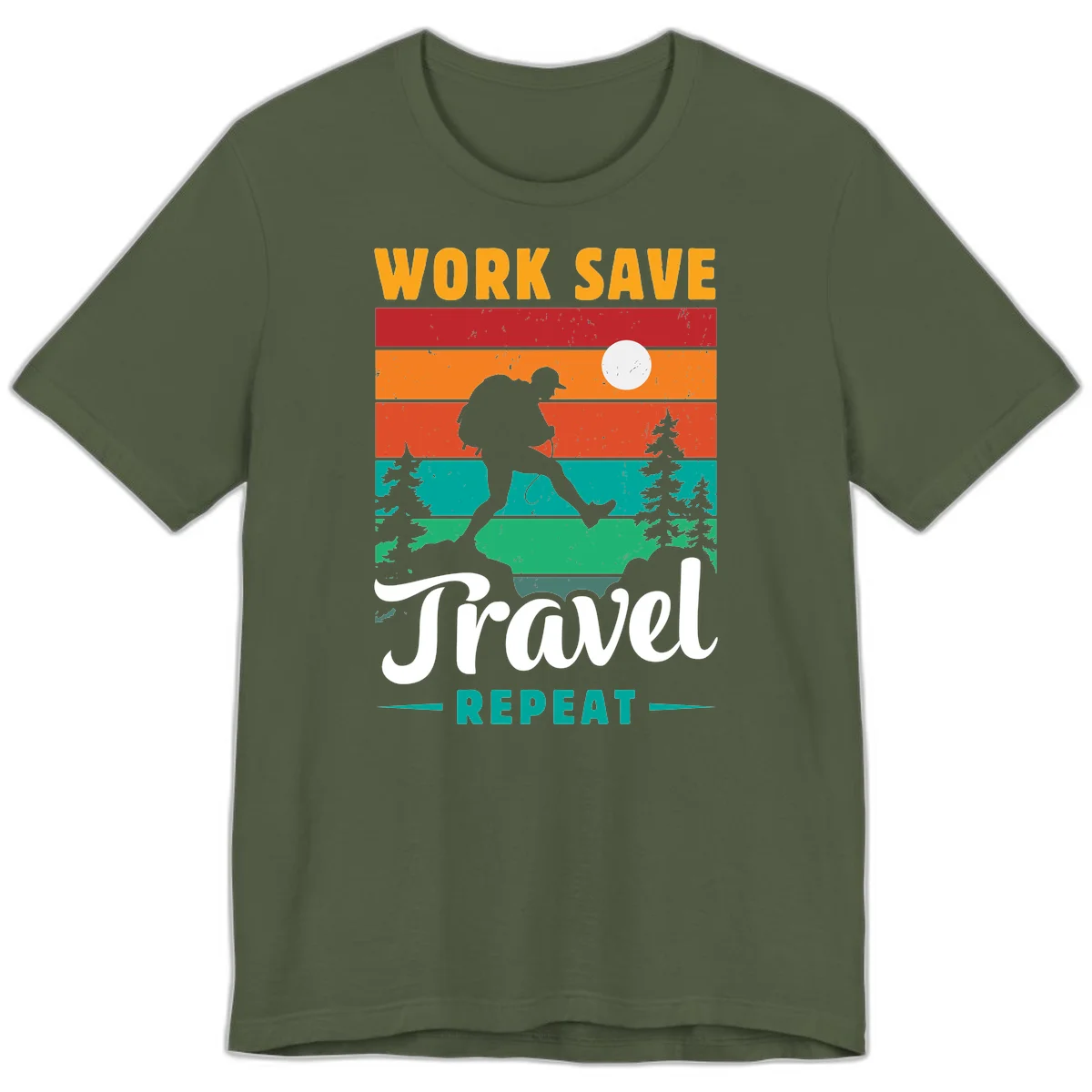 Silhouette of a backpacker hiking through layered landscape with trees and moon, text reads 'Work Save Travel Repeat' in Military Green
