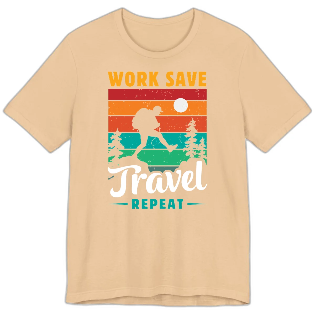 Silhouette of a backpacker hiking through layered landscape with trees and moon, text reads 'Work Save Travel Repeat' in Sand Dune