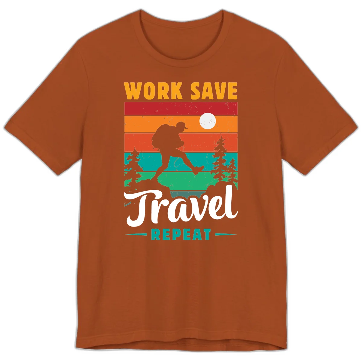 Silhouette of a backpacker hiking through layered landscape with trees and moon, text reads 'Work Save Travel Repeat' in Autumn