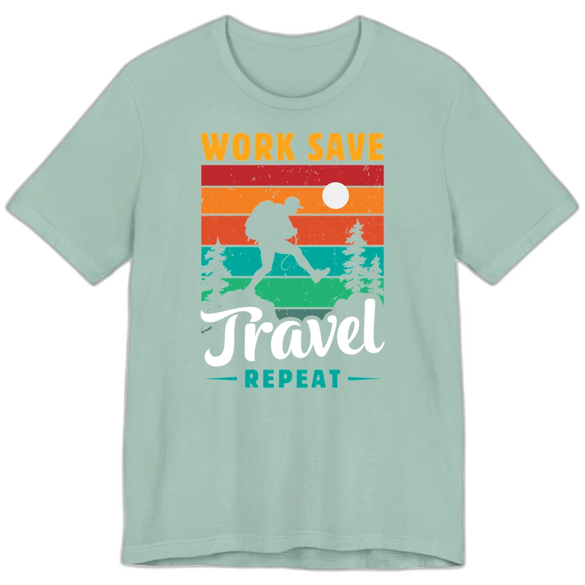 Silhouette of a backpacker hiking through layered landscape with trees and moon, text reads 'Work Save Travel Repeat' in Dusty Blue