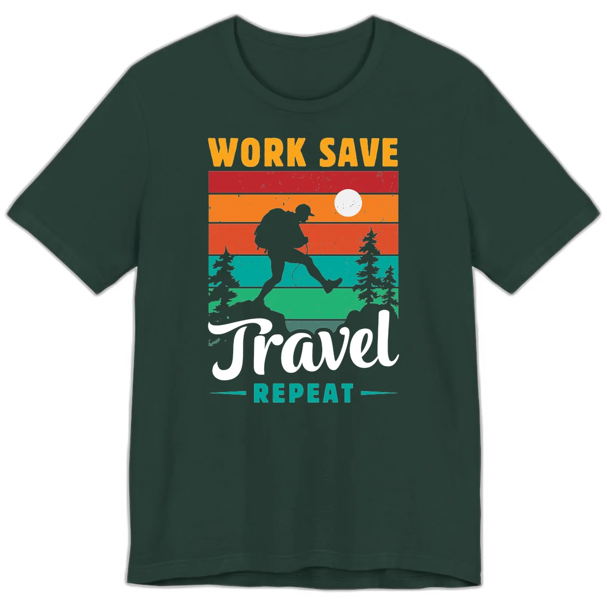 Silhouette of a backpacker hiking through layered landscape with trees and moon, text reads 'Work Save Travel Repeat' in Forest
