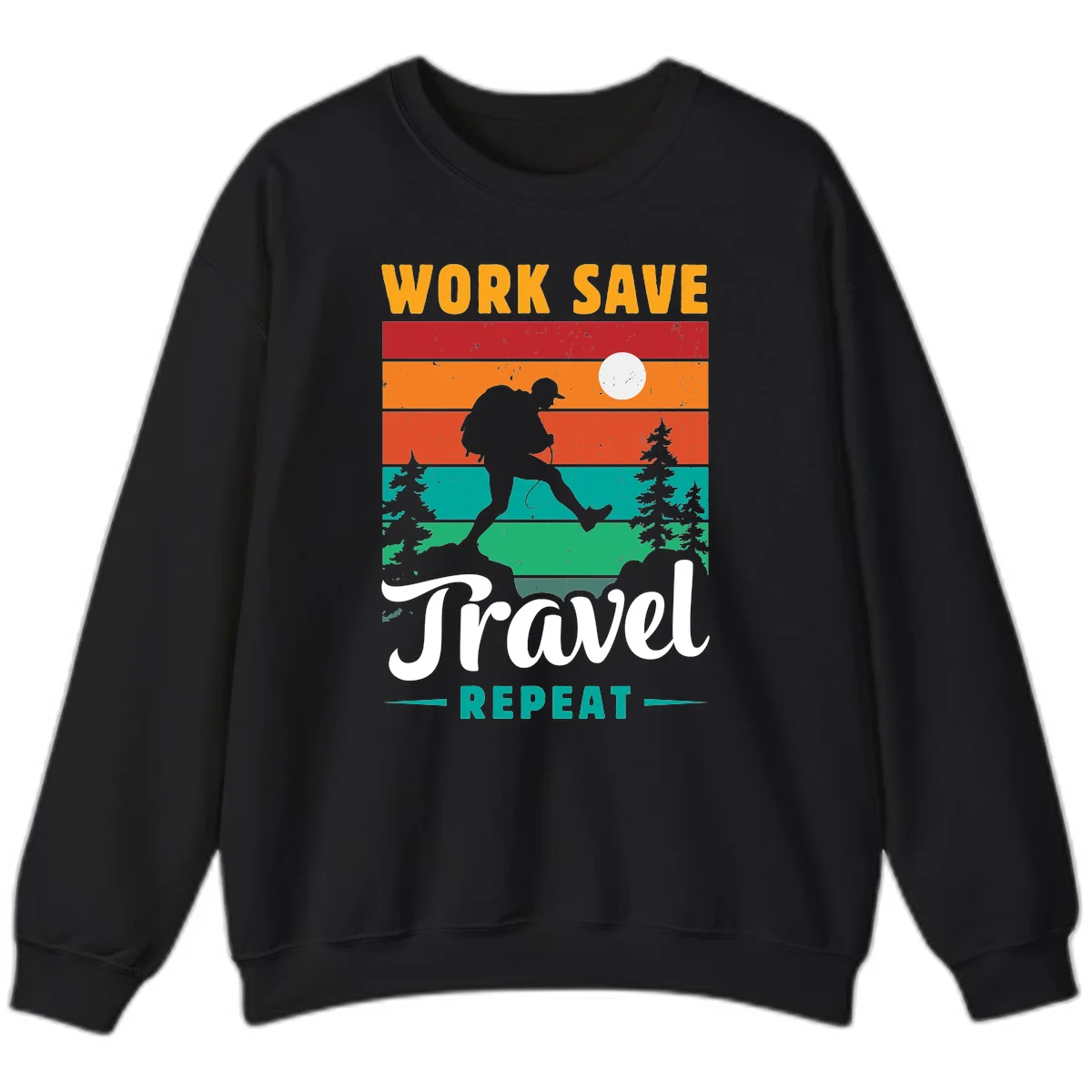 Silhouette of a backpacker hiking through layered landscape with trees and moon, text reads 'Work Save Travel Repeat' in Black