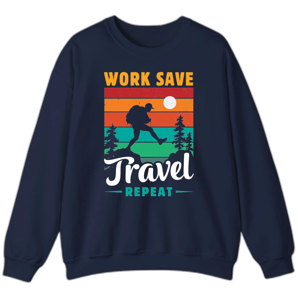 Silhouette of a backpacker hiking through layered landscape with trees and moon, text reads 'Work Save Travel Repeat' in Navy