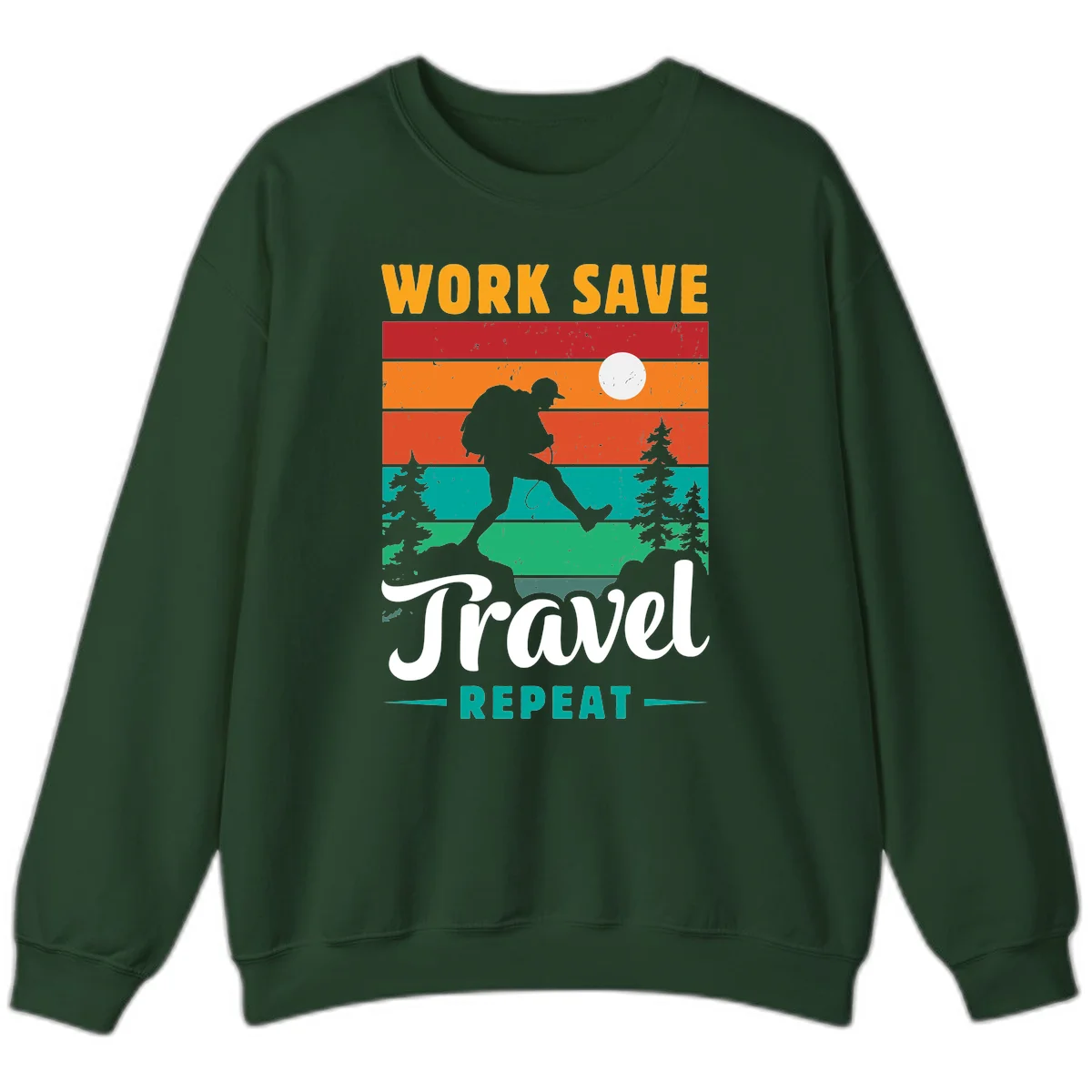 Silhouette of a backpacker hiking through layered landscape with trees and moon, text reads 'Work Save Travel Repeat' in Forest Green