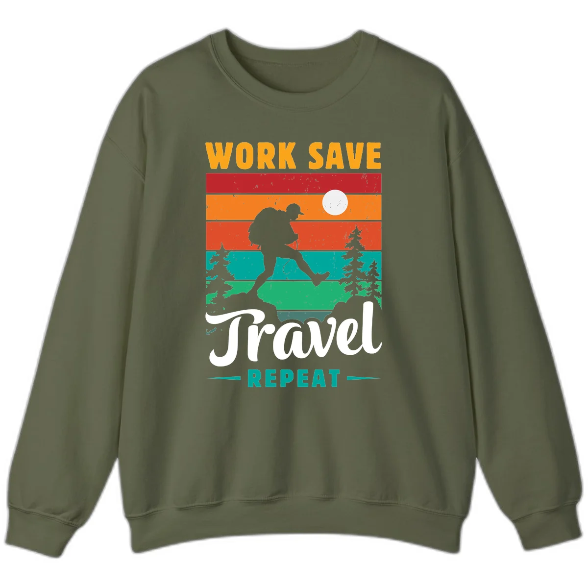 Silhouette of a backpacker hiking through layered landscape with trees and moon, text reads 'Work Save Travel Repeat' in Military Green