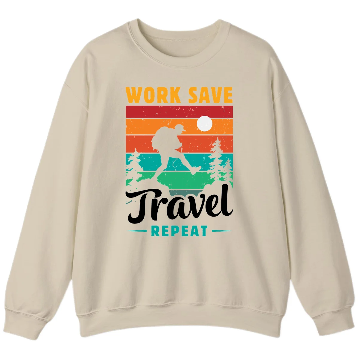 Silhouette of a backpacker hiking through layered landscape with trees and moon, text reads 'Work Save Travel Repeat' in Sand