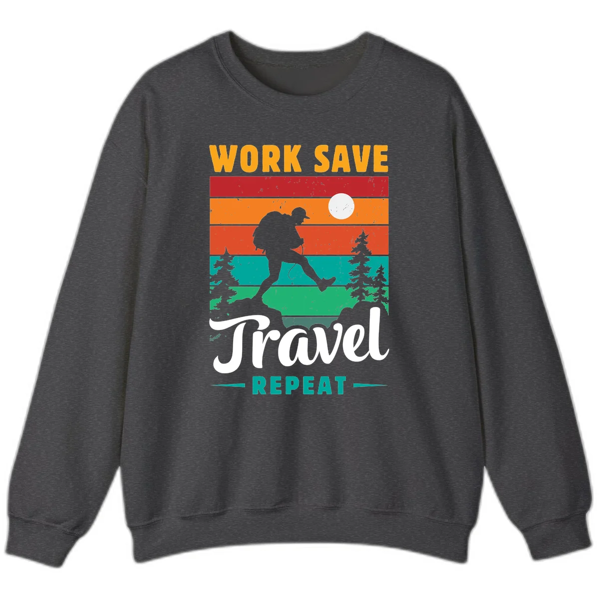 Silhouette of a backpacker hiking through layered landscape with trees and moon, text reads 'Work Save Travel Repeat' in Dark Heather