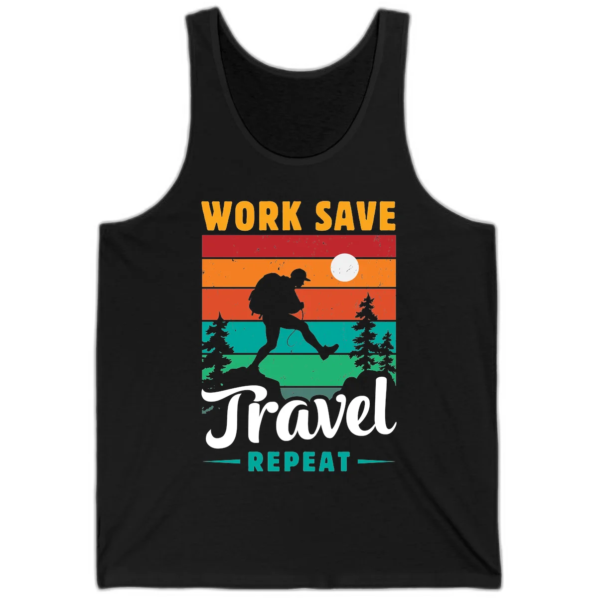 Silhouette of a backpacker hiking through layered landscape with trees and moon, text reads 'Work Save Travel Repeat' in Black