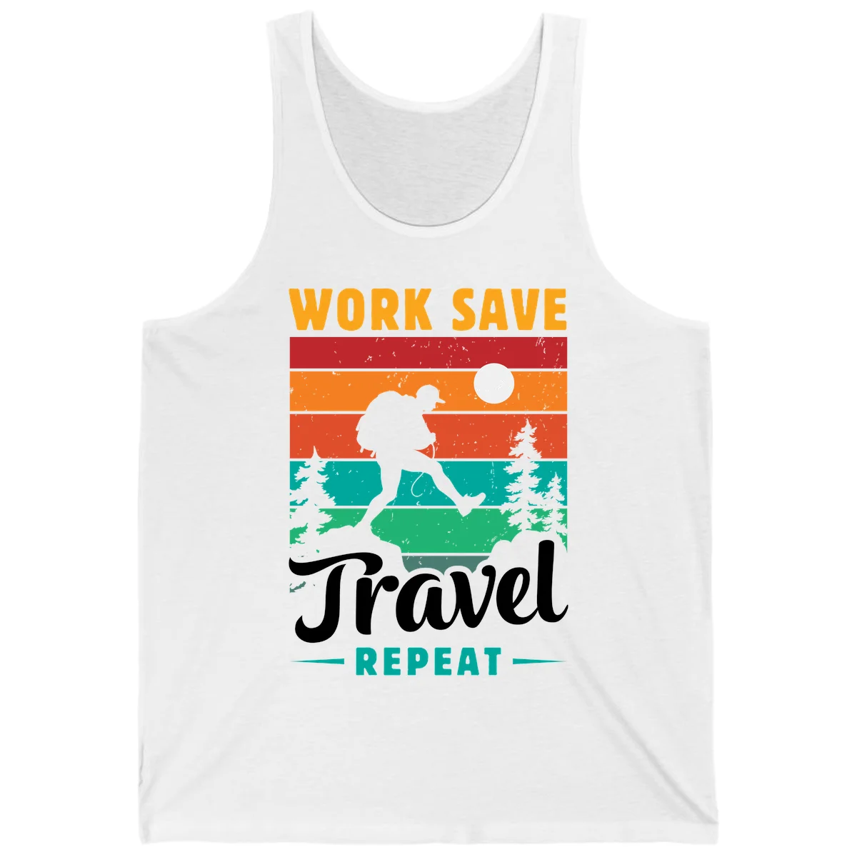 Silhouette of a backpacker hiking through layered landscape with trees and moon, text reads 'Work Save Travel Repeat' in White