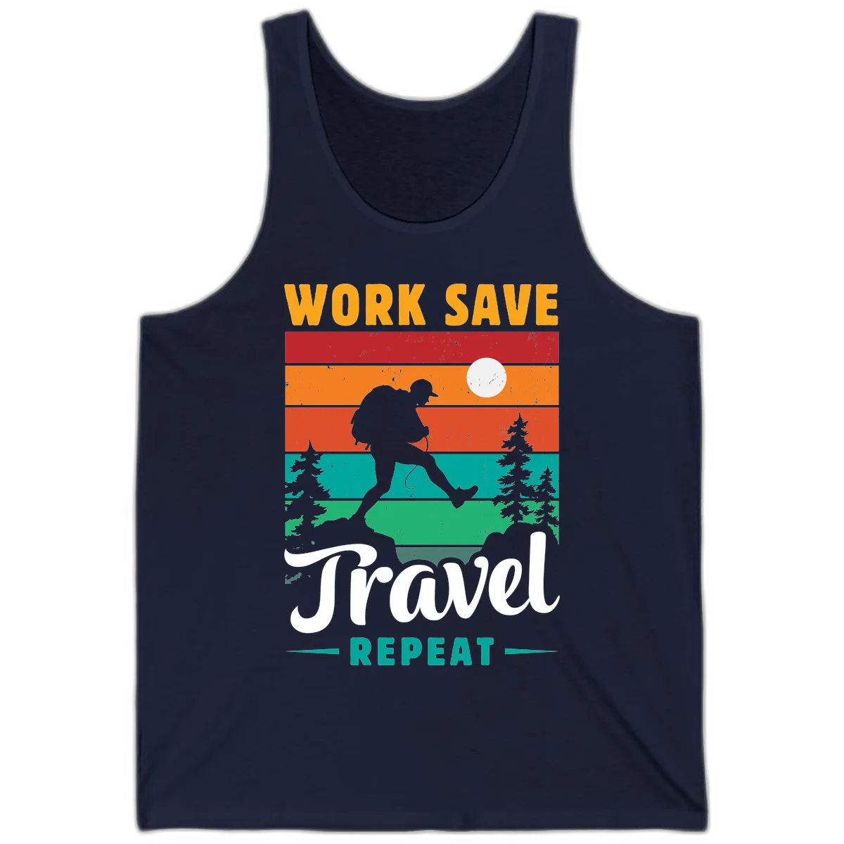 Silhouette of a backpacker hiking through layered landscape with trees and moon, text reads 'Work Save Travel Repeat' in Navy