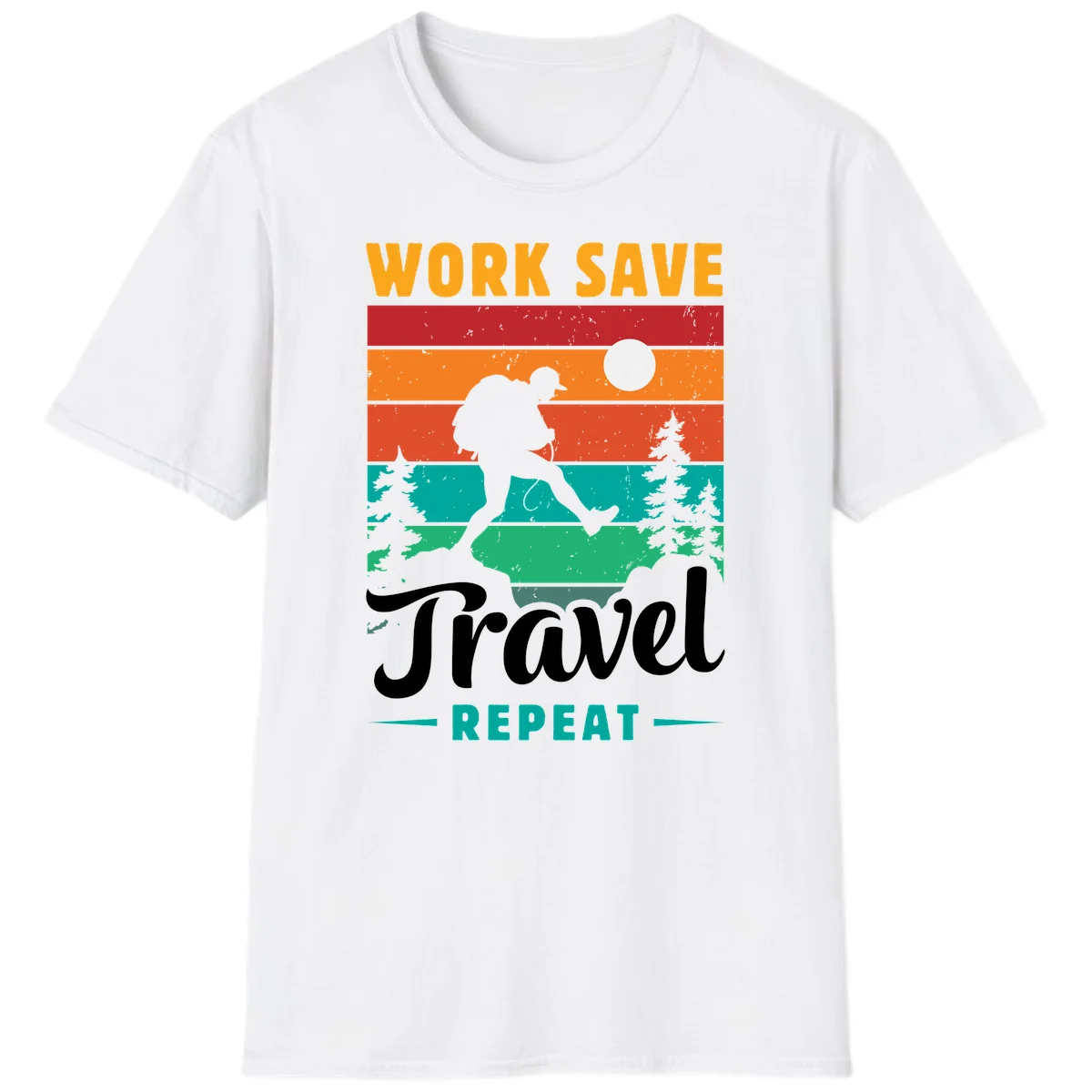 Silhouette of a backpacker hiking through layered landscape with trees and moon, text reads 'Work Save Travel Repeat' in White