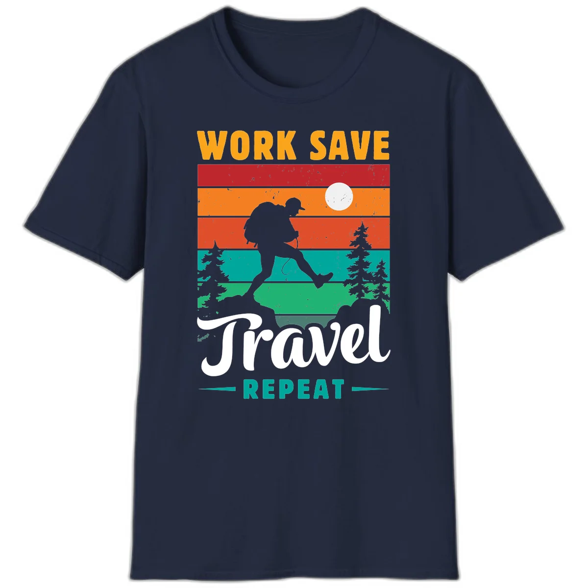 Silhouette of a backpacker hiking through layered landscape with trees and moon, text reads 'Work Save Travel Repeat' in Navy