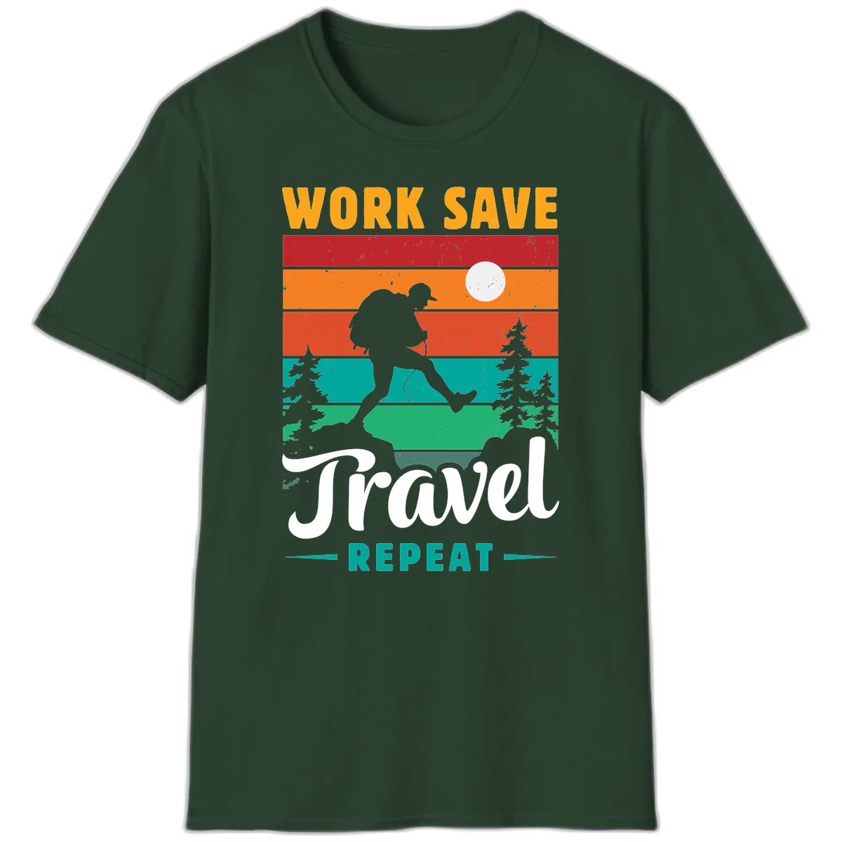 Silhouette of a backpacker hiking through layered landscape with trees and moon, text reads 'Work Save Travel Repeat' in Forest Green